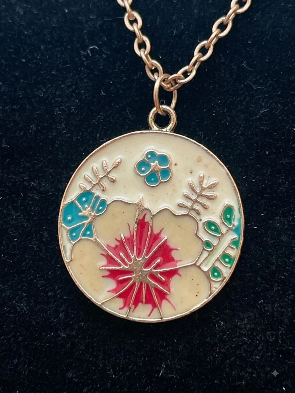 Charming Charlie gold  Pendant Necklace with Blue and Pink Floral Motif